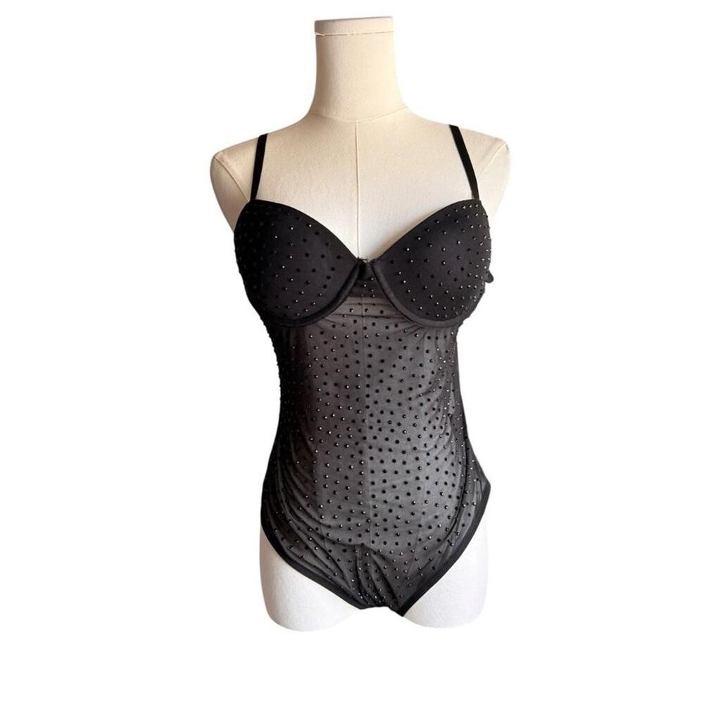 Express Black Studded Mesh Underwire Bodysuit NWT Sleeveless Sheer Top
